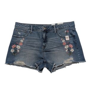 ➕ Time and Tru High Rise Embroidered Floral Denim Distressed Shorts | Size 16